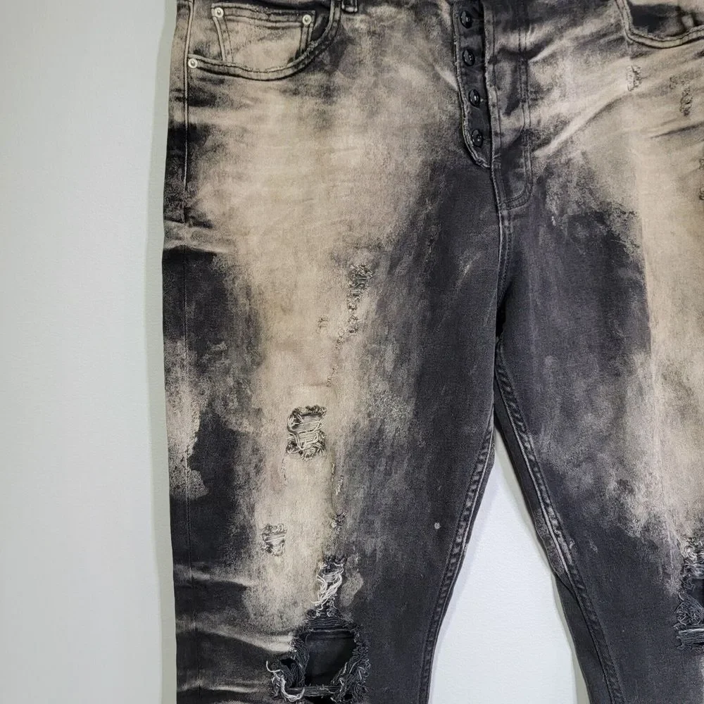Art Meets‎ Chaos Destroyed Black Gray Jeans Mens 42x32 Button Fly Hipster Grunge